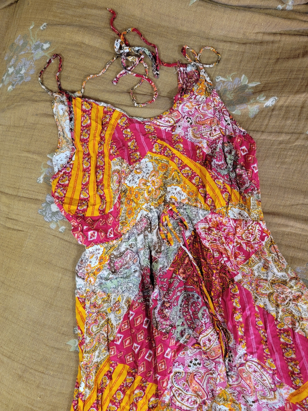 Paisley Tie-Strap Cami Top - Pink & Yellow